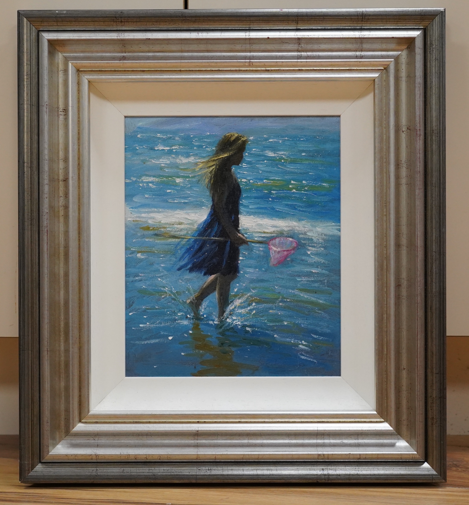 Stephen Jones (1959-2017), oil on canvas board, Girl with fishing net, signed, 29 x 24cm